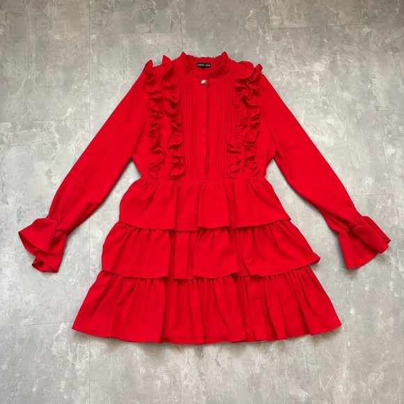 SISTER JANE Ruffled Red Romantic Long Sleeve Mini Dress Size Medium - Picture 3 of 9
